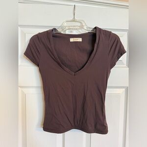 QINSEN Double Layer VNeck Buttery Soft Brown Compression TShirt Sz M